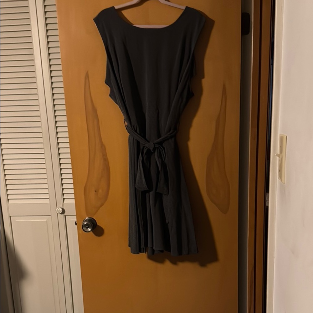 Gray Sleeveless Midi Sundress w/ Flared Skirt.